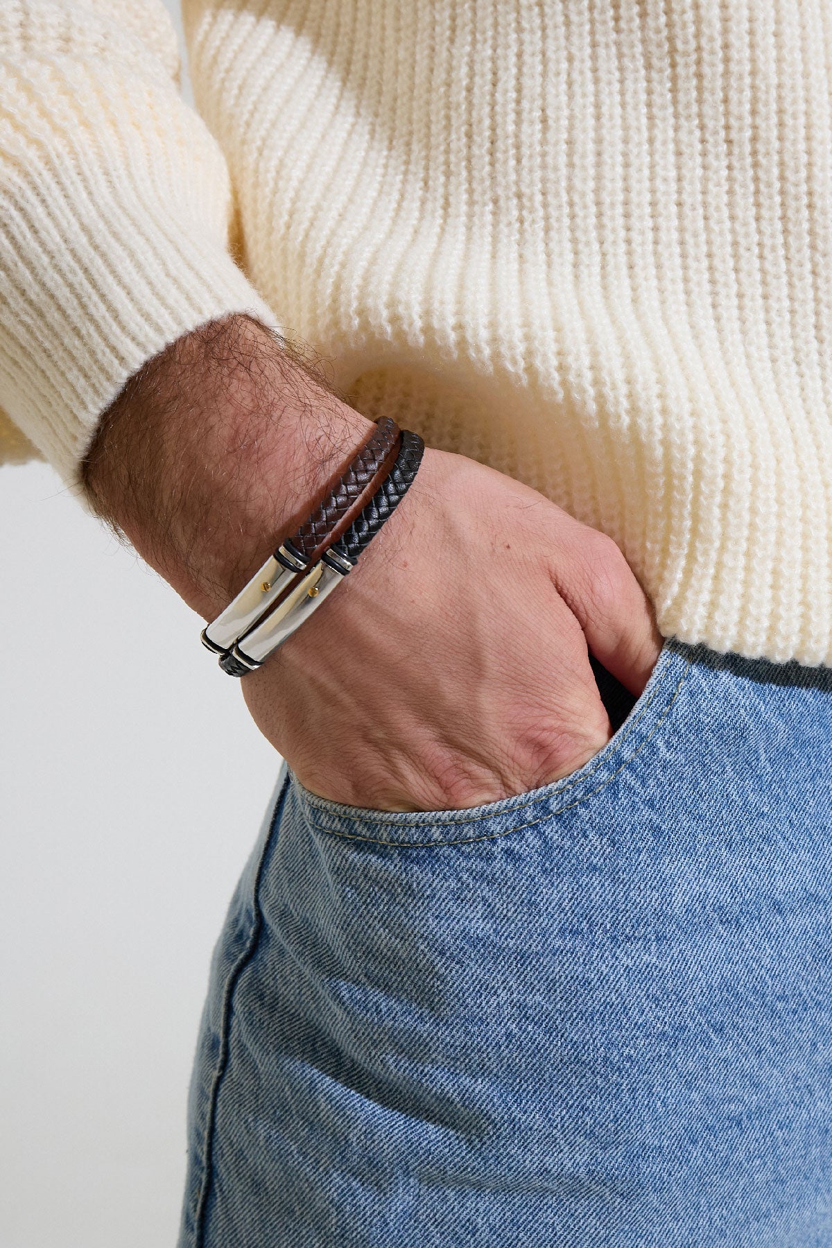 Heren armband gevlochten - zilver/bruin